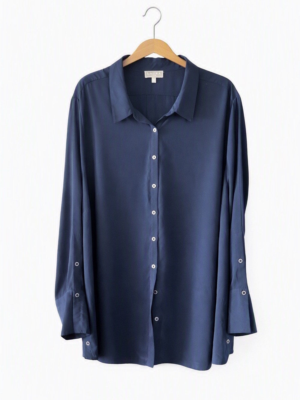 5/$25 Laura Plus Navy Silk-Like Button-Down Blouse